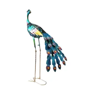 Decoratiune de gradina din fier cu lampa solara Paun, albastru azur 