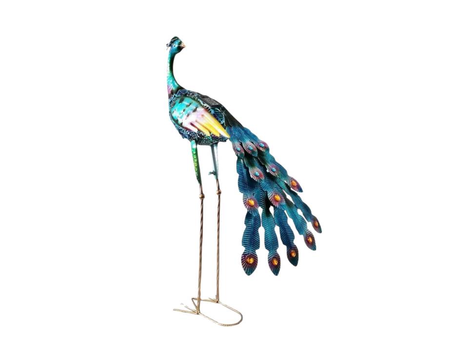 Decoratiune de gradina din fier cu lampa solara Paun, albastru azur Decoratiune de gradina din fier cu lampa solara Paun, albastru azur