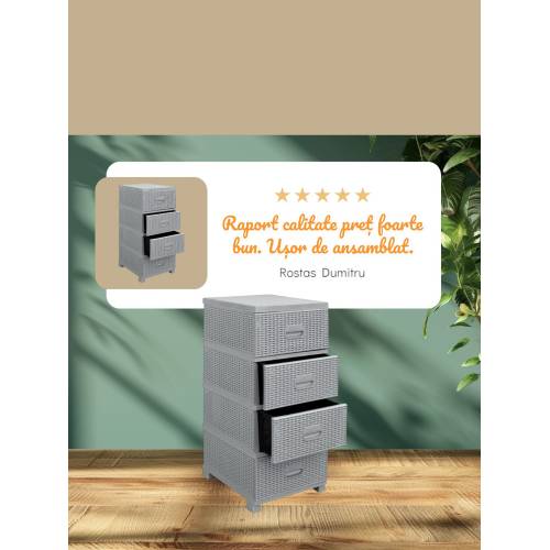 Dulap plastic 4 sertare imitatie ratan Gri 47x38x92cm