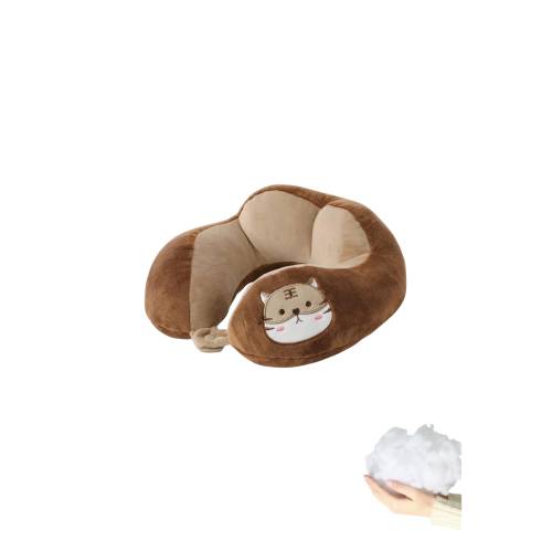 Perna de Calatorie pentru Gat, Umplutura cu Bumbac, Model Brodat Pisica, Maro