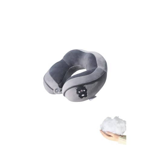 Perna de Calatorie pentru Gat, Umplutura cu Bumbac, Model Brodat Urs, Gri Perna de Calatorie pentru Gat, Umplutura cu Bumbac, Model Brodat Urs, Gri