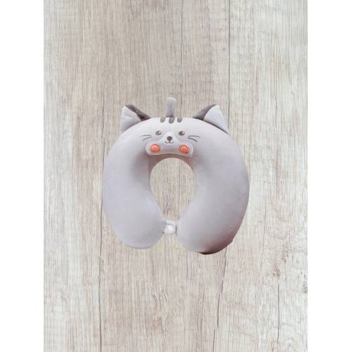 Perna de Calatorie pentru Gat si Cap, Umplutura din Spuma cu Memorie, Model Pisica, Gri