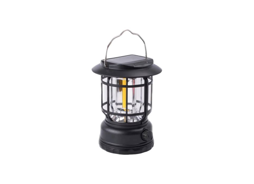 Lampa Portabila Camping Vintage, Intensitate Reglabila, Incarcare Solara si USB, Negru