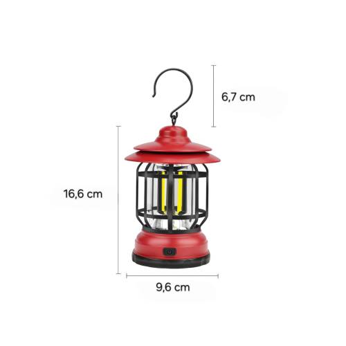 Lampa Portabila de Camping cu Carlig, Lanterna Led Vintage cu Intensitate Reglabila, Rosu