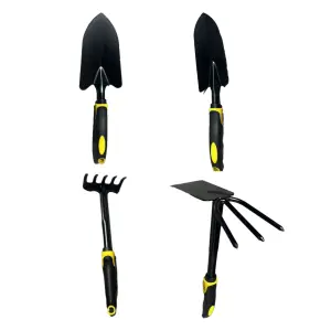 Set 4 Unelte Gradina pentru Plantare si Ingrijire, PVC Carbon, Negru/Galben