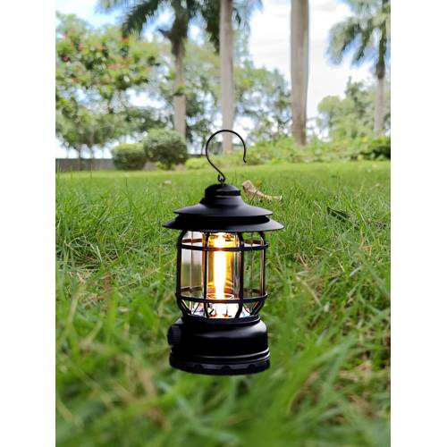 Lampa Portabila de Camping cu Carlig, Lanterna Led Vintage cu Intensitate Reglabila, Negru