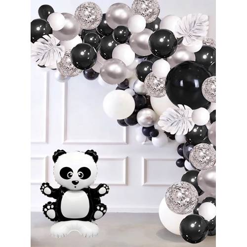 Balon din folie metalizata, model Urs Panda, umflare aer sau heliu, Alb/Negru
