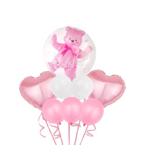 Baloane decorative, tip Aniversare, model Ursulet, Set 8 baloane, Roz