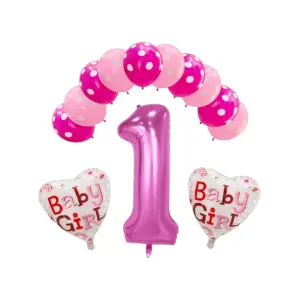 Baloane decorative, tip Prima Aniversare, model Baby Girl, Set 13 baloane, Roz