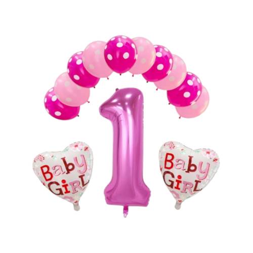 Baloane decorative, tip Prima Aniversare, model Baby Girl, Set 13 baloane, Roz
