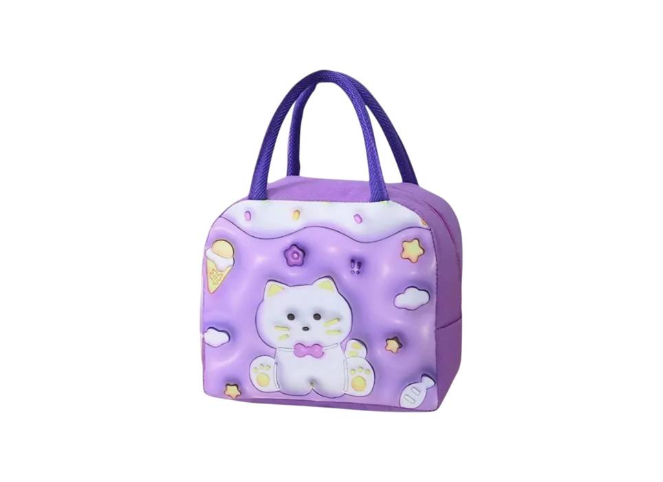 Geanta Frigorifica pentru copii, cu Desene Animate 3D, 23x13x19cm, Model Pisica, Mov 