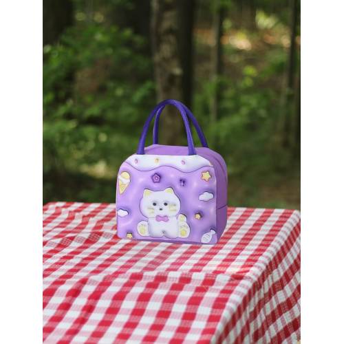 Geanta Frigorifica pentru copii, cu Desene Animate 3D, 23x13x19cm, Model Pisica, Mov 