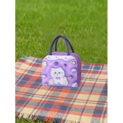 Geanta Frigorifica pentru copii, cu Desene Animate 3D, 23x13x19cm, Model Pisica, Mov 