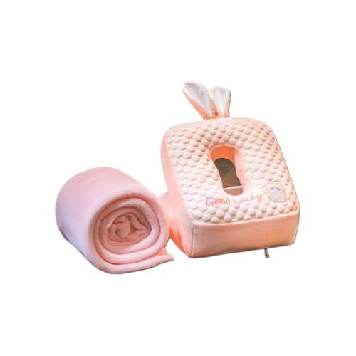 Set 2in1 Patura Microfibra si Perna cu Umplutura din Bumbac pentru Birou, Calatorii, Model Iepuras, Roz