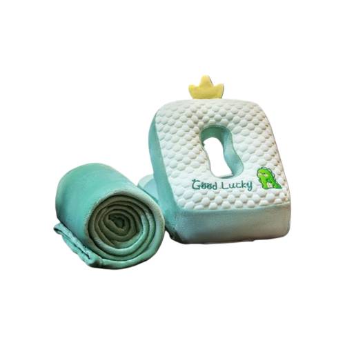 Set 2in1 Patura Microfibra si Perna cu Umplutura din Bumbac pentru Birou, Calatorii, Model Dinozaur, Verde