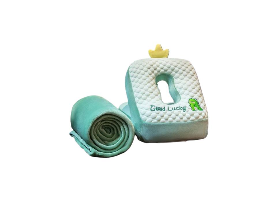 Set 2in1 Patura Microfibra si Perna cu Umplutura din Bumbac pentru Birou, Calatorii, Model Dinozaur, Verde