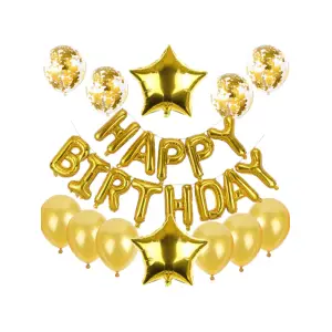Baloane din folie metalizata si latex, model Happy Birthday, set 25 bucati, umflare aer sau heliu, Auriu