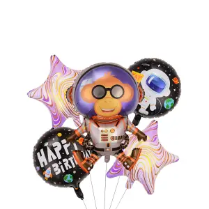 Baloane din folie metalizata, model Maimutica Spatiala, set 5 bucati, umflare aer sau heliu, Multicolor