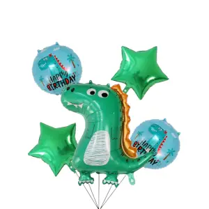 Baloane din folie metalizata, model Dinozaur, set 5 bucati, umflare aer sau heliu, Verde