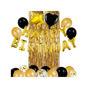 Baloane din folie metalizata si latex, model Perdea, set 24 bucati, umflare aer sau heliu, Auriu/Negru