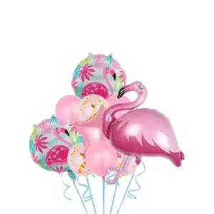 Baloane din folie metalizata, model Flamingo, set 10 bucati, umflare aer sau heliu, Roz