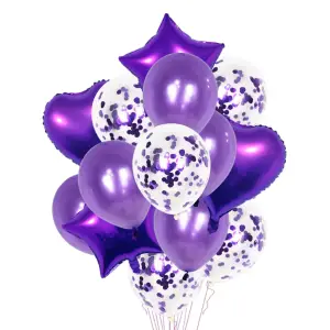Baloane din folie metalizata si latex, model Stea si Inima, set 14 bucati, umflare aer sau heliu, Mov