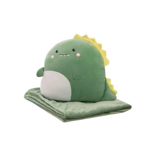 Set Patura 2 in 1 pentru Pat sau Canapea, Microfibra, Model Jucarie Dinozaur, Verde