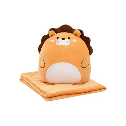 Set Patura 2 in 1 pentru Pat sau Canapea, Microfibra, Model Jucarie Leu, Maro
