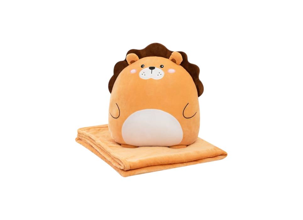 Set Patura 2 in 1 pentru Pat sau Canapea, Microfibra, Model Jucarie Leu, Maro