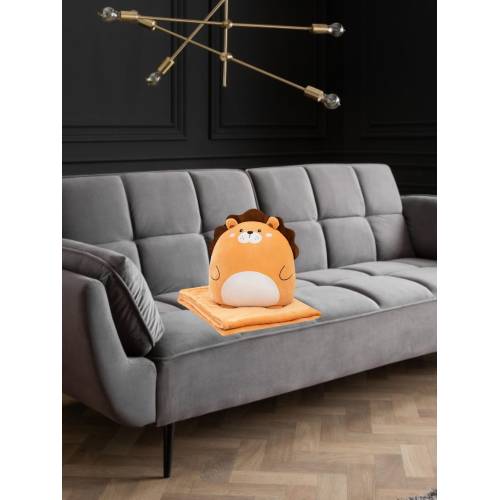 Set Patura 2 in 1 pentru Pat sau Canapea, Microfibra, Model Jucarie Leu, Maro