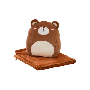 Set Patura 2 in 1 pentru Pat sau Canapea, Microfibra, Model Jucarie Urs, Maro