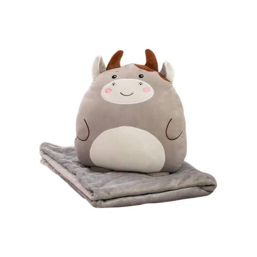 Set Patura 2 in 1 pentru Pat sau Canapea, Microfibra, Model Jucarie Vacuta, Gri