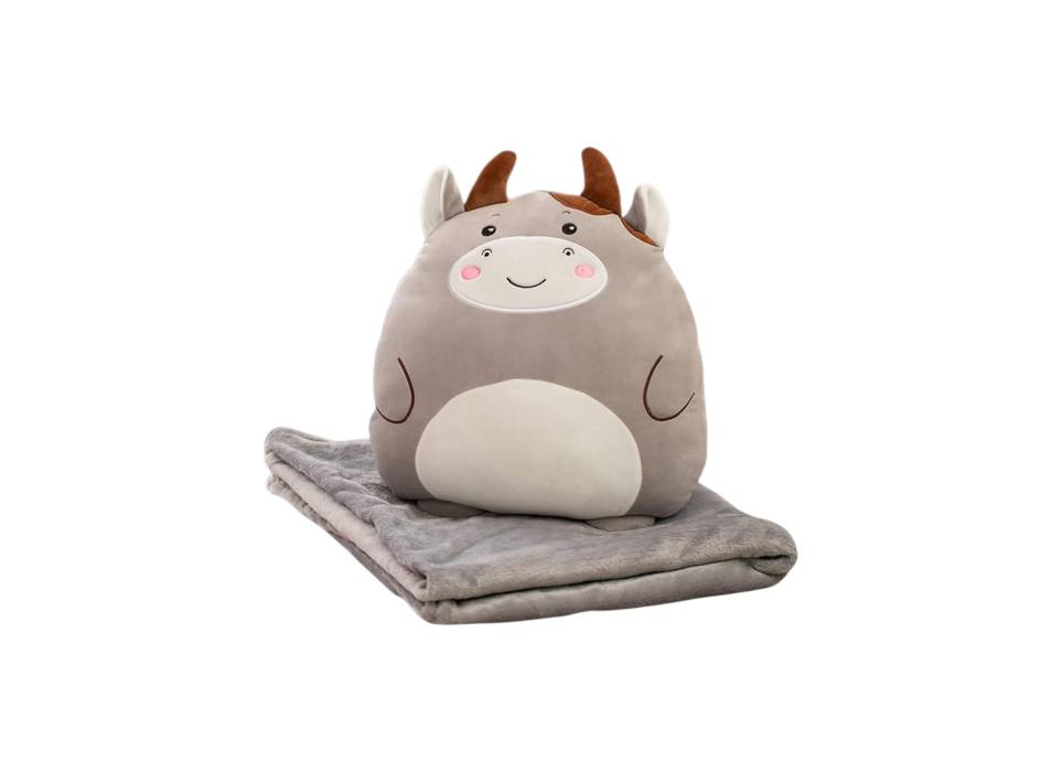 Set Patura 2 in 1 pentru Pat sau Canapea, Microfibra, Model Jucarie Vacuta, Gri