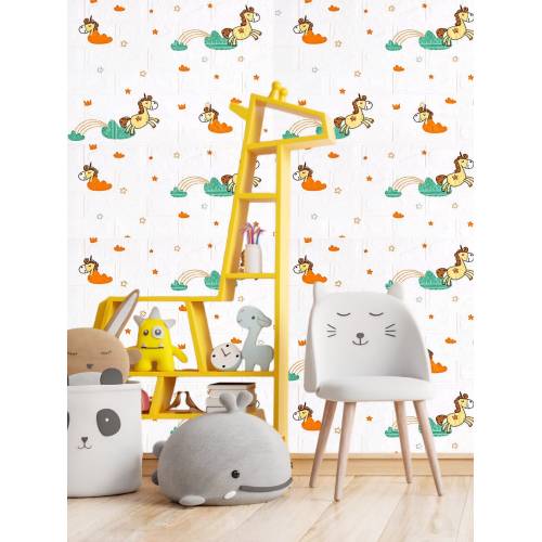 Tapet autoadeziv 3D, 70x77 cm, Model Unicorni, Alb, 10buc/set