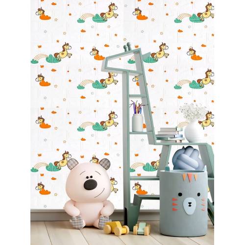 Tapet autoadeziv 3D, 70x77 cm, Model Unicorni, Alb, 10buc/set