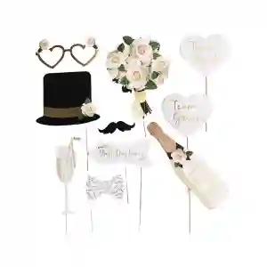 Accesorii pentru petrecere, set 10 bucati, Model Mire si Mireasa, Tematica Nunta, Multicolor
